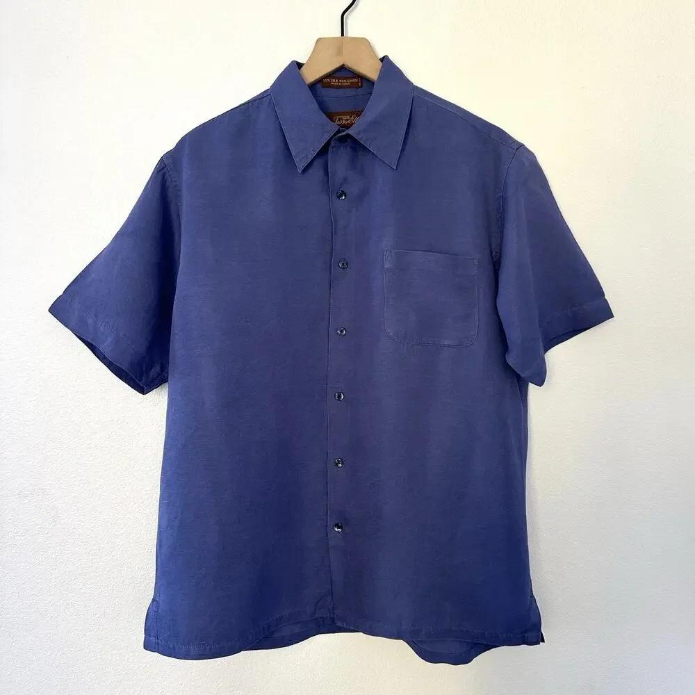 Tasso Elba Silk Linen Short Sleeve Camp Shirt Men's M Blue Coastal Preppy Island